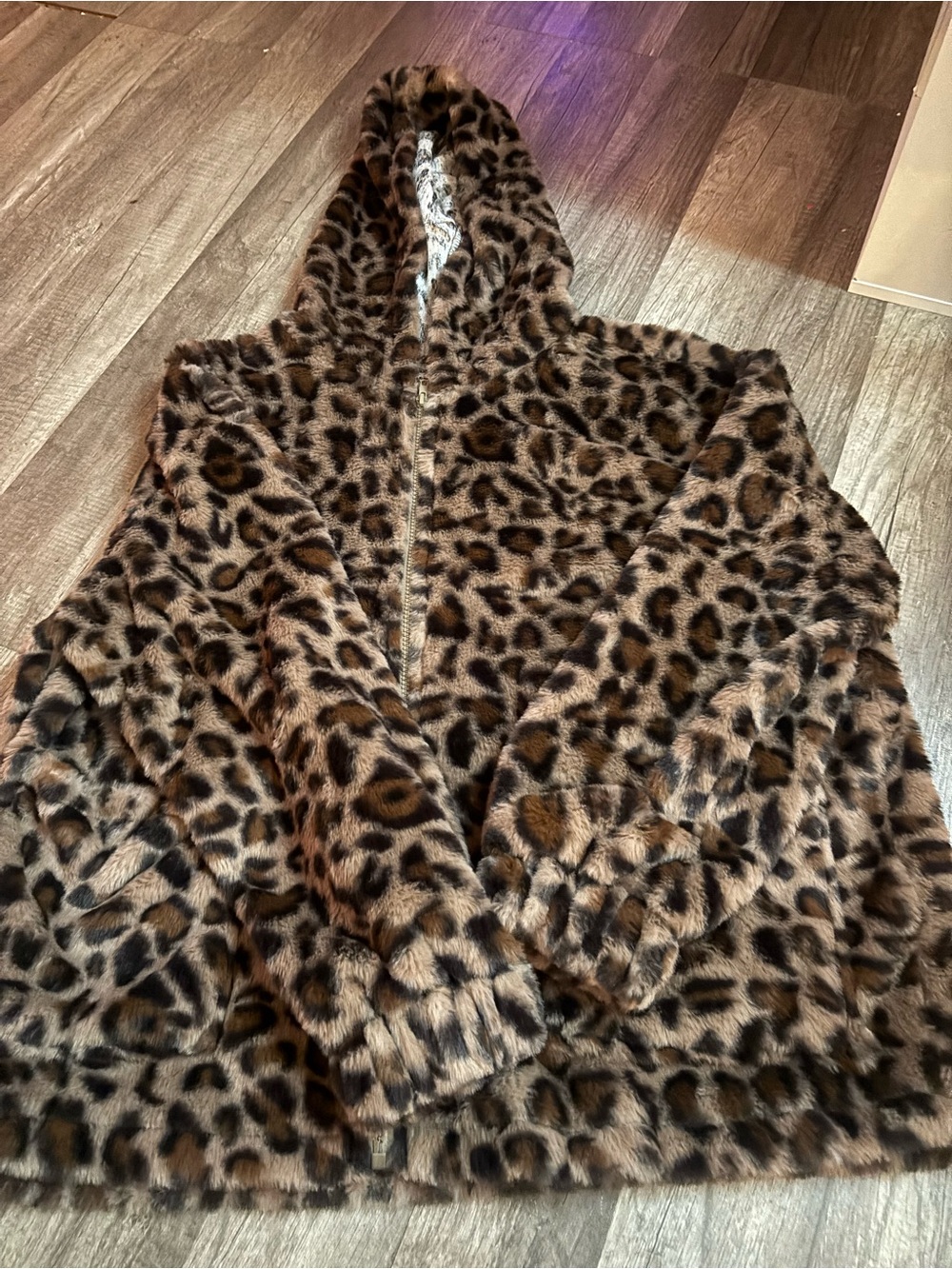 SHEIN Brown Leopard Print Faux Fur Hooded Jacket